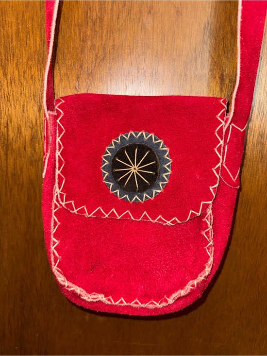 Handbags - Red Suede Crossbody Bag with Decorative Stitching